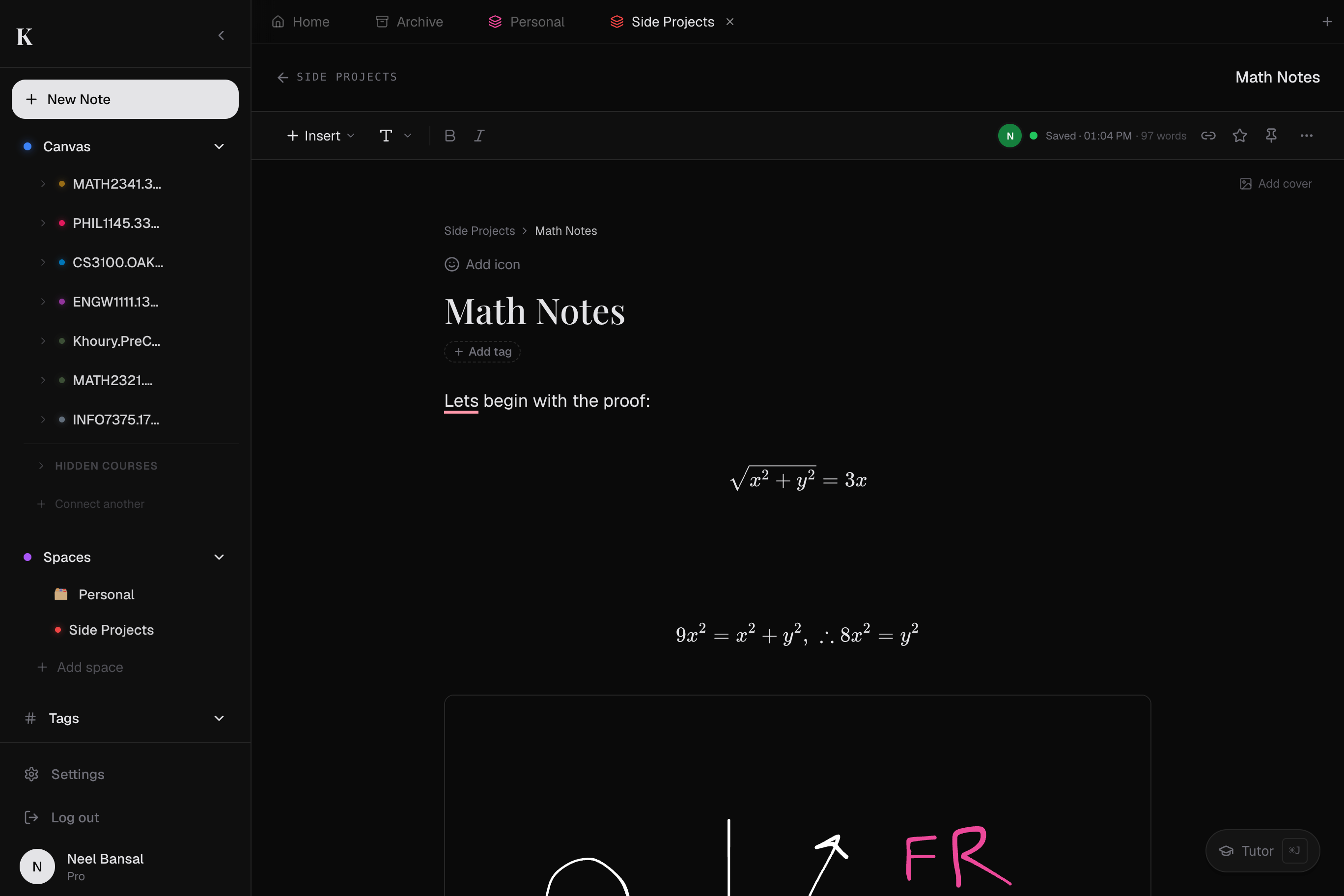 A kov Math Notes page: a written proof, rendered equations, and an inline whiteboard