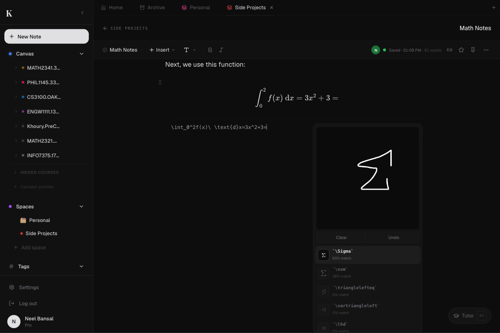 kov math: sketch-to-LaTeX with live symbol recognition